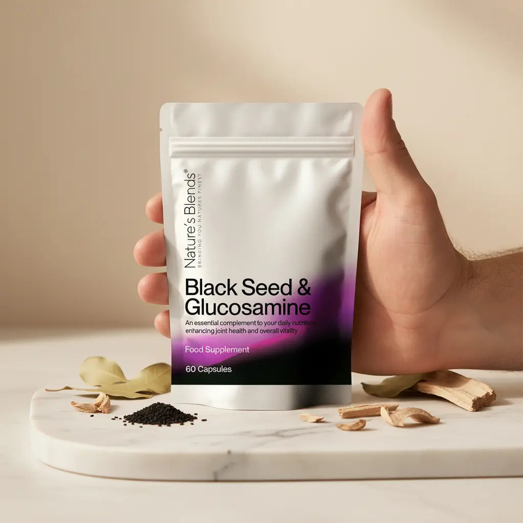 Man Holding Black Seed Glucosamine
Black Seed Oil & Natural Glucosamine Capsules, 1 Pack
