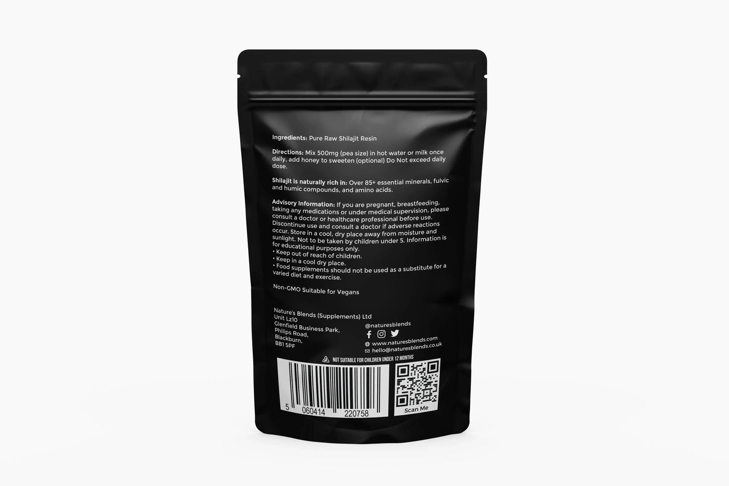 Nature's Blends Raw Shilajit Power 10g Indian Origin back label – supplement UK