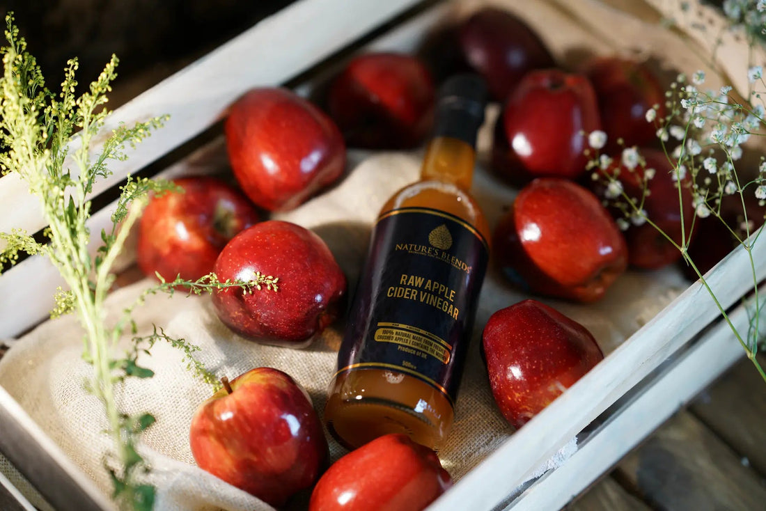 a glass bottle of natures blends finest apple cider vinegar