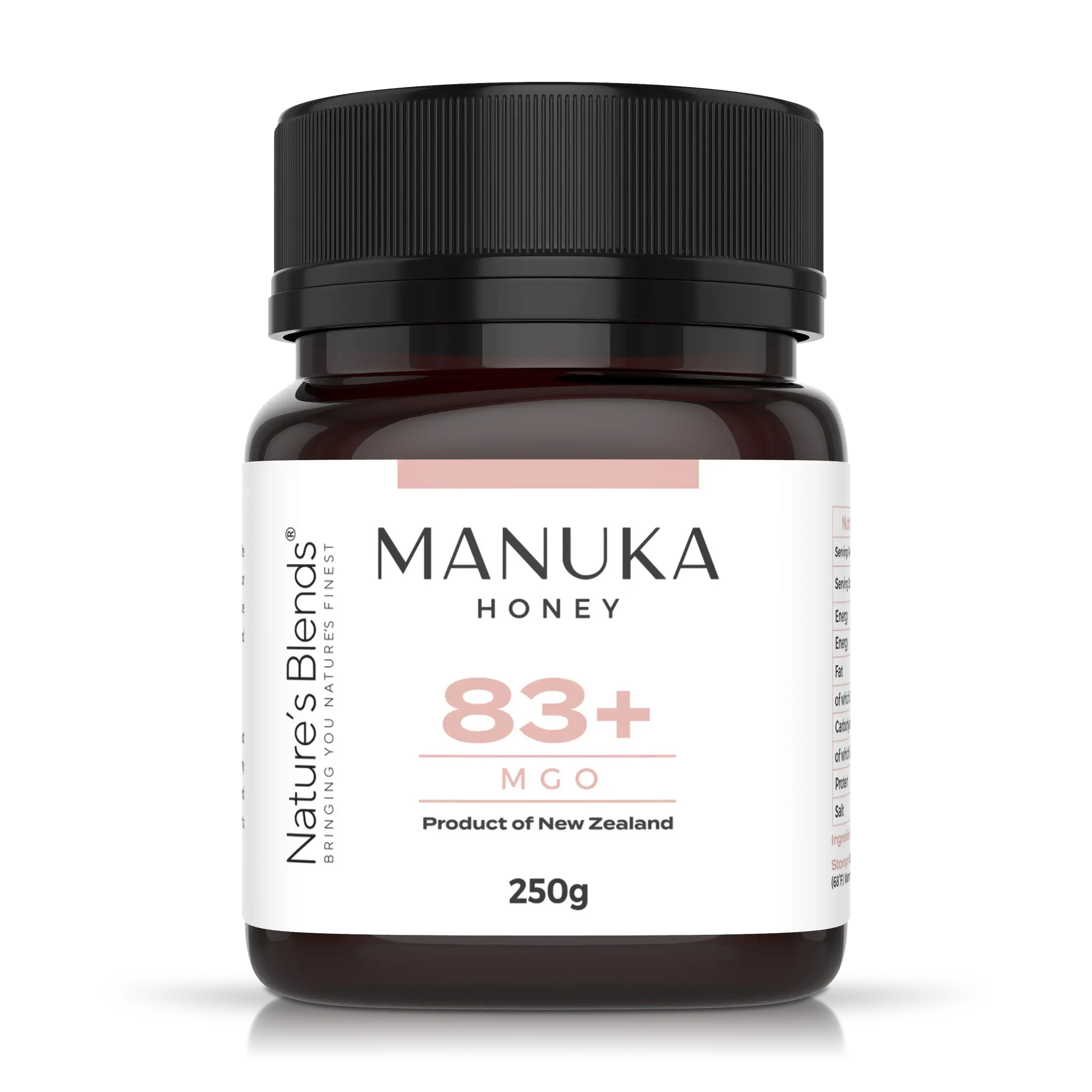 Nature's Blends Manuka Honey 83+ MGO 250g jar transparent background – UK