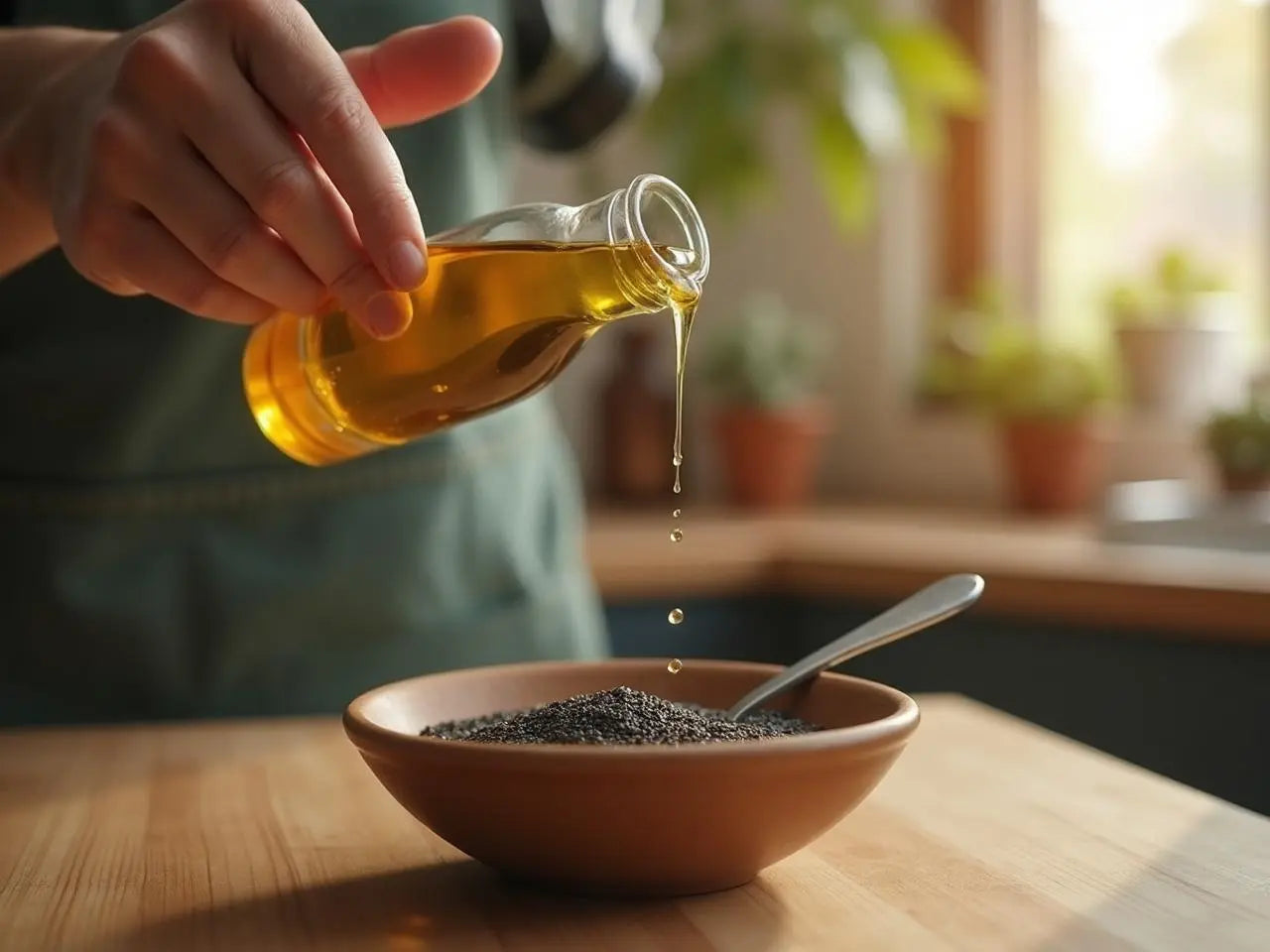 Cold-pressed black seed oil being poured — Nigella Sativa supplement UK, Nature's Blends