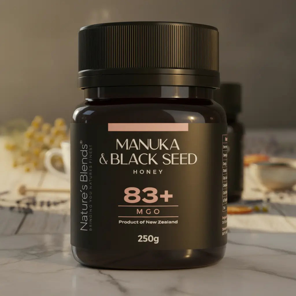 Nature's Blends Black Seed Manuka Honey 83+ MGO 250g close-up jar – UK