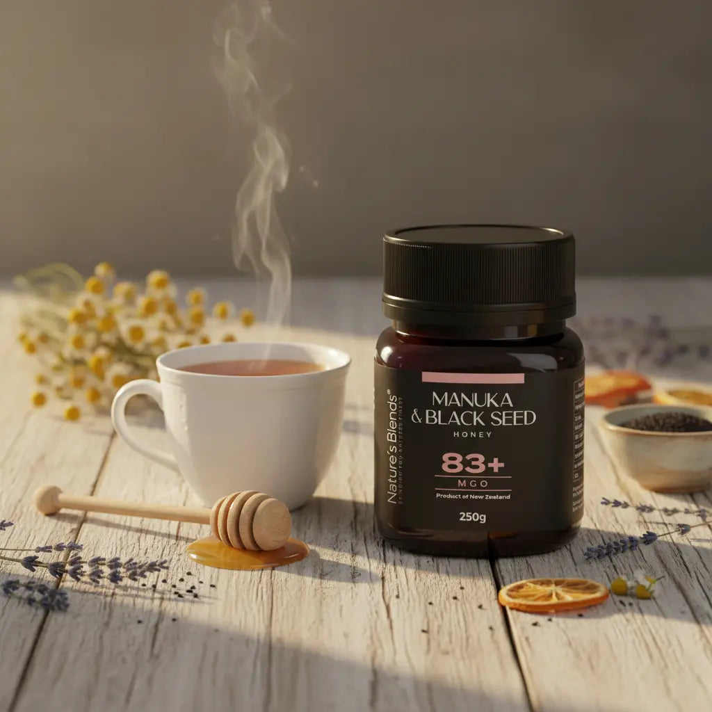 Nature's Blends Black Seed Manuka Honey 83+ MGO 250g tea honey lifestyle – UK