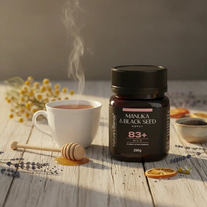 Nature's Blends Black Seed Manuka Honey 83+ MGO 250g tea honey lifestyle – UK