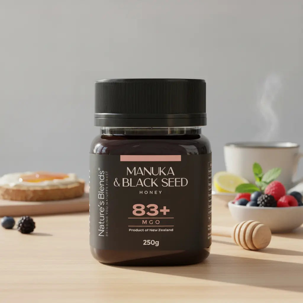 Nature's Blends Black Seed Manuka Honey 83+ MGO 250g jar lifestyle – UK