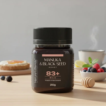 Nature's Blends Black Seed Manuka Honey 83+ MGO 250g jar lifestyle – UK