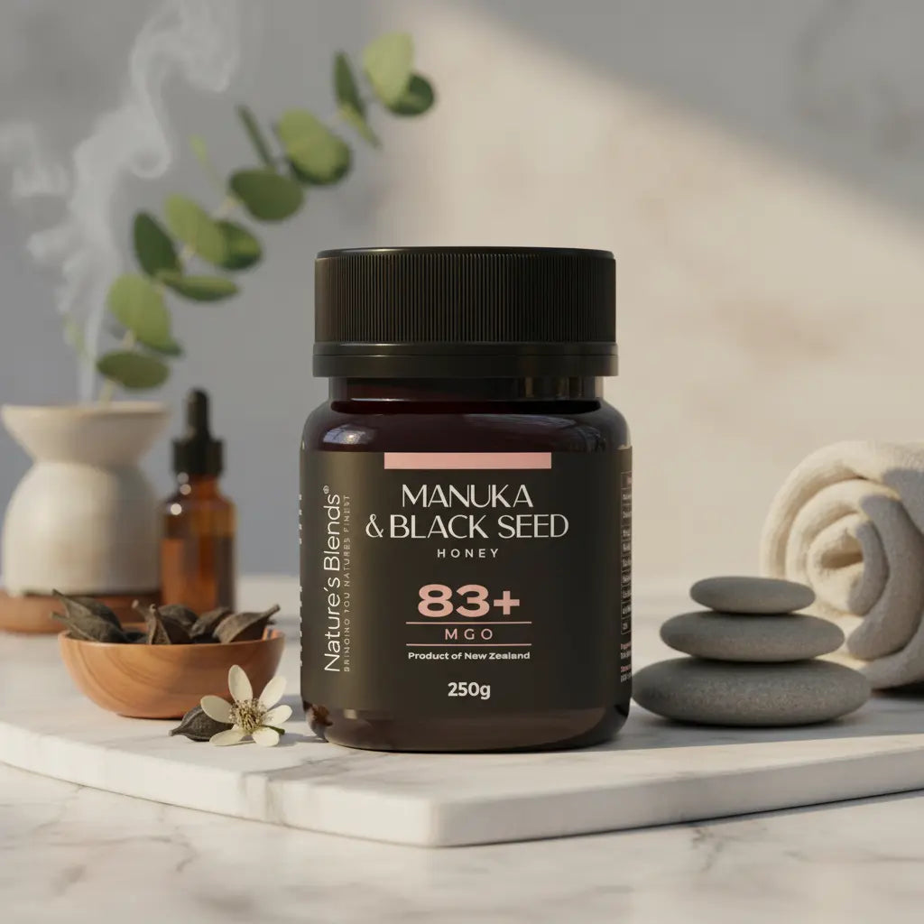 Nature's Blends Black Seed Manuka Honey 83+ MGO 250g spa wellness scene – UK