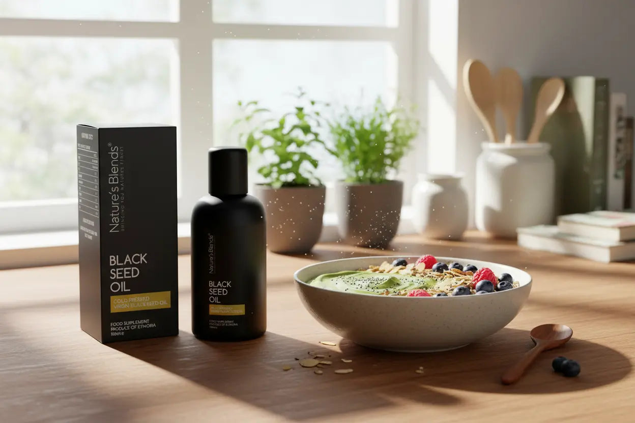 Black seed oil UK lifestyle — Nature's Blends bottle with healthy breakfast bowl