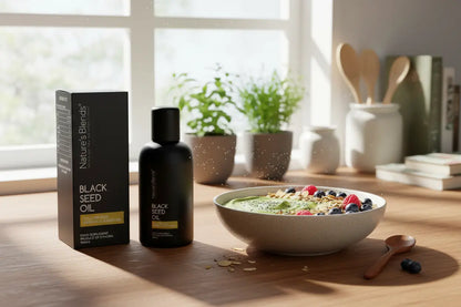 Black seed oil UK lifestyle — Nature's Blends bottle with healthy breakfast bowl