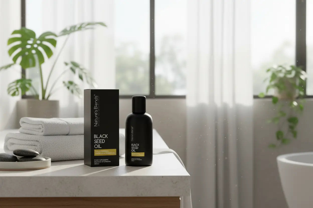 Black seed oil UK wellness — Nature's Blends bottle in spa bathroom setting
