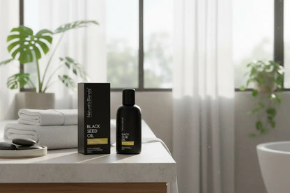 Black seed oil UK wellness — Nature's Blends bottle in spa bathroom setting
