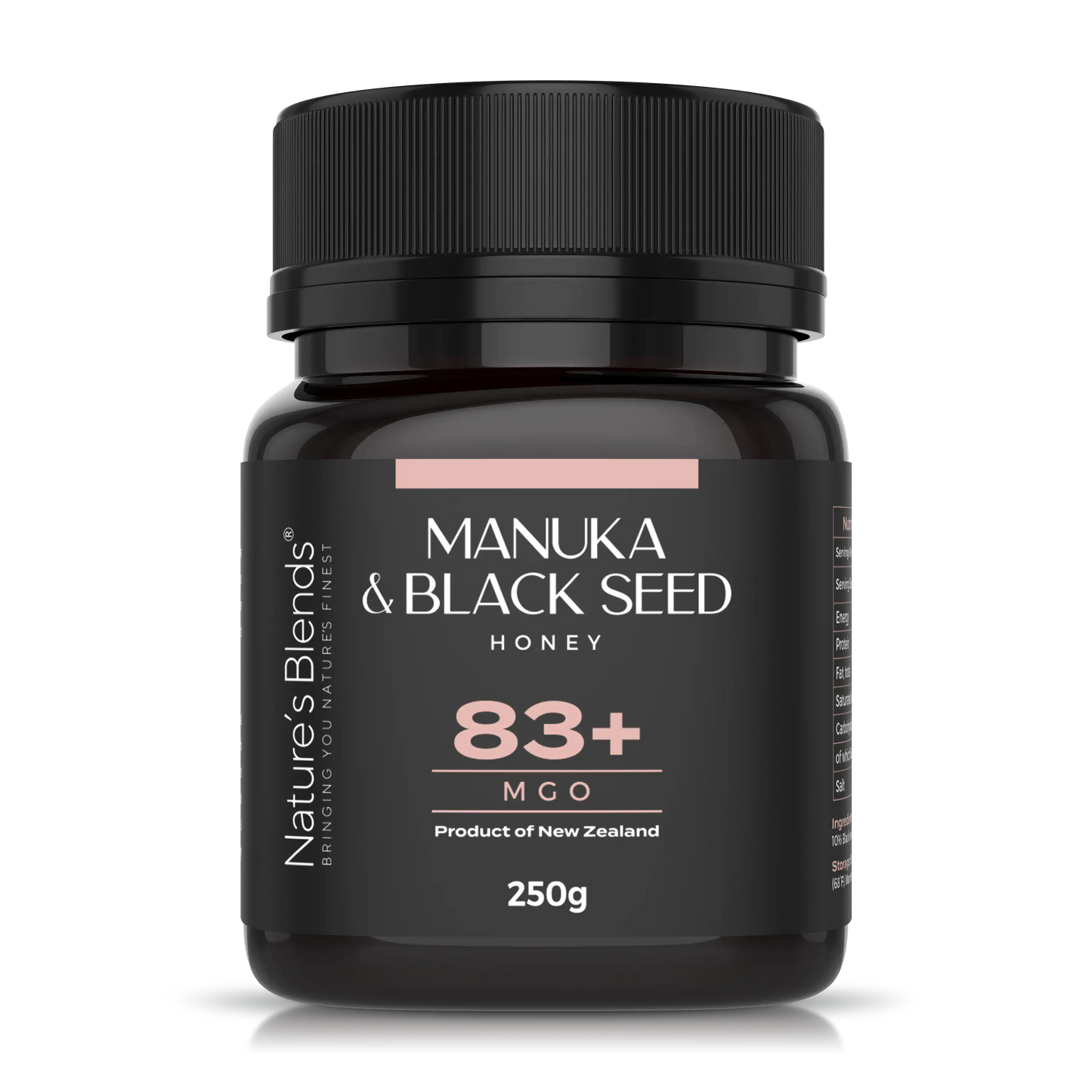 Nature's Blends Black Seed Manuka Honey 83+ MGO 250g jar product shot – UK