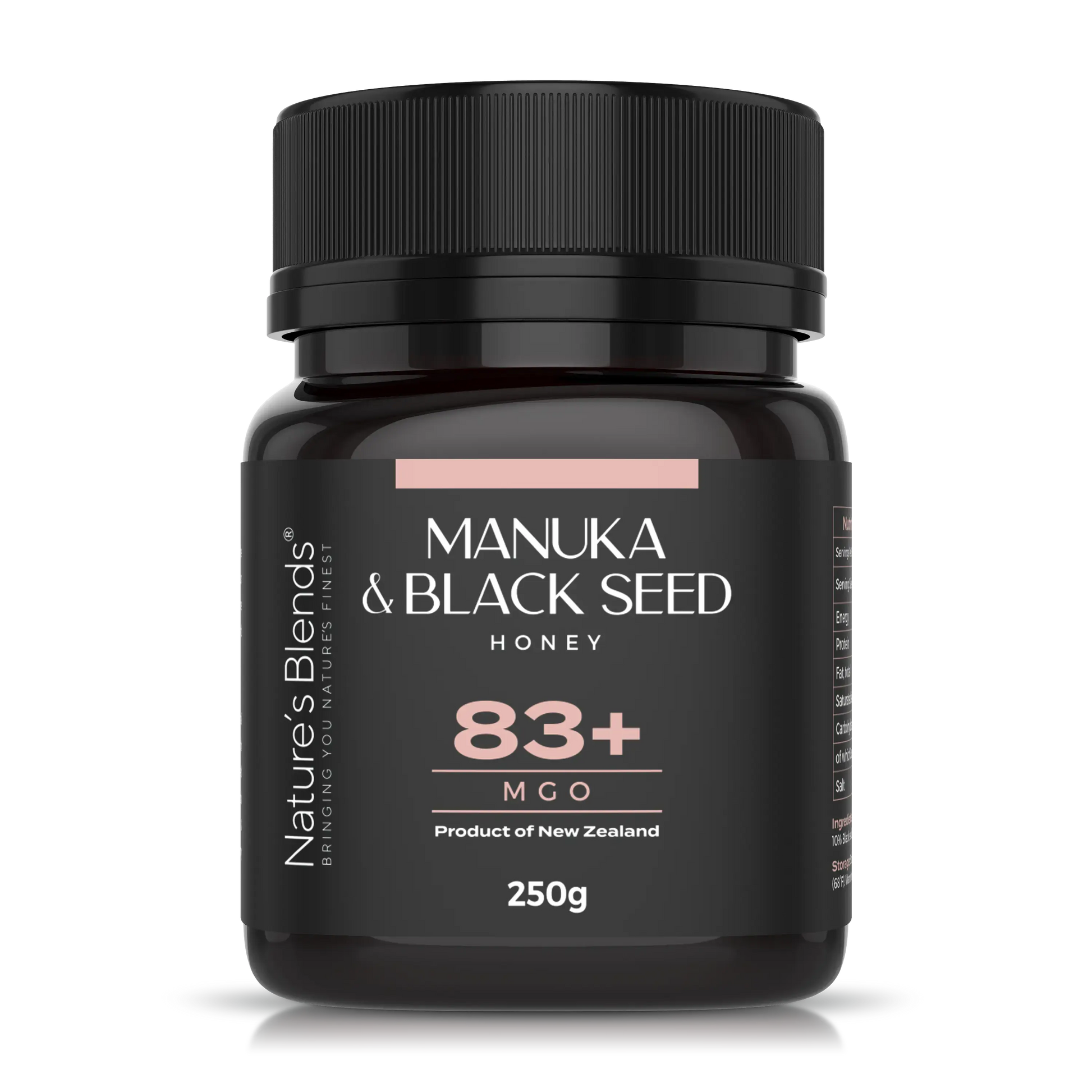 Nature's Blends Black Seed Manuka Honey 83+ MGO 250g jar product shot – UK