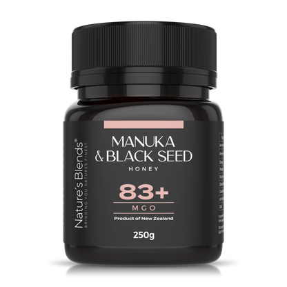 Nature's Blends Black Seed Manuka Honey 83+ MGO 250g jar product shot – UK