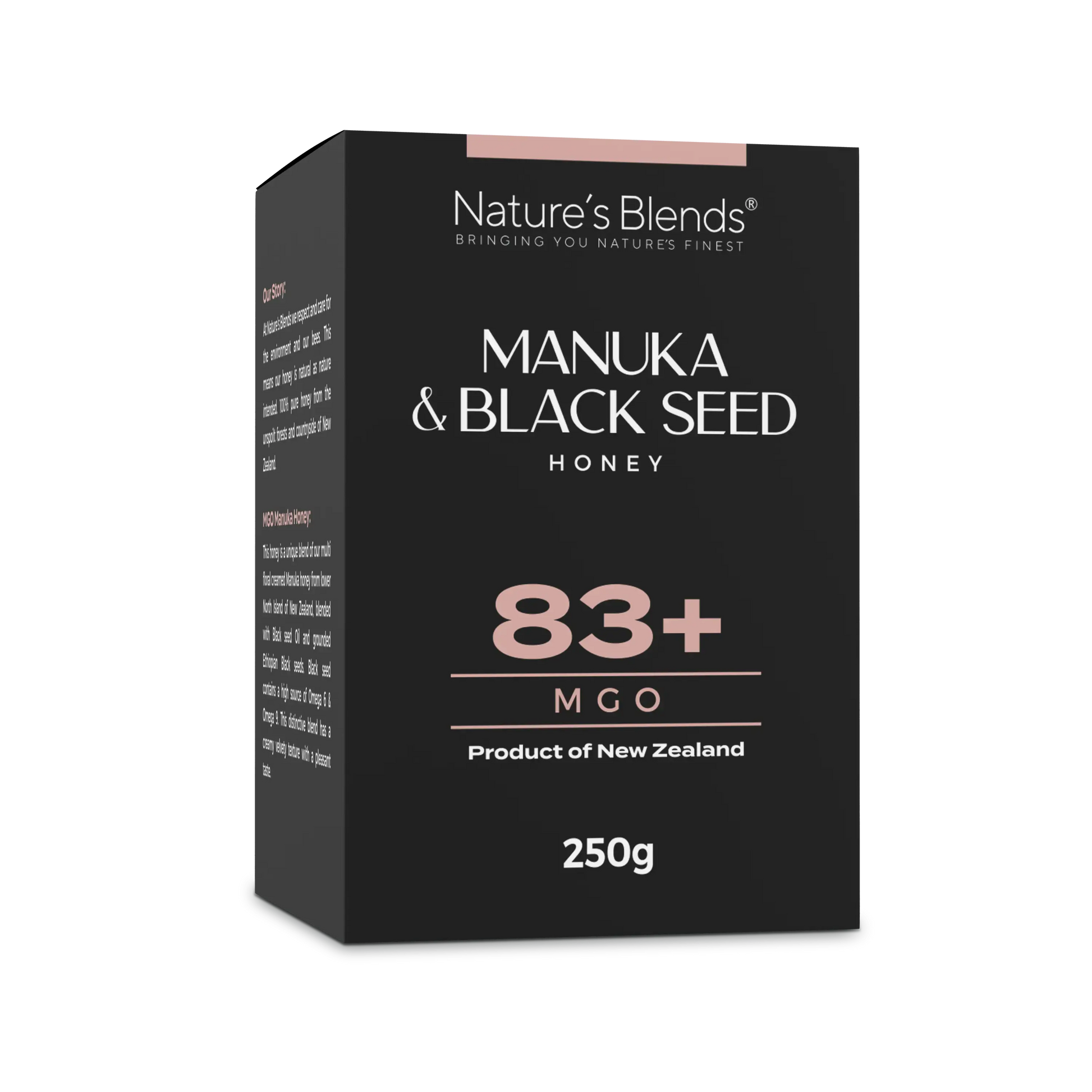 Nature's Blends Black Seed Manuka Honey 83+ MGO 250g box packaging – UK