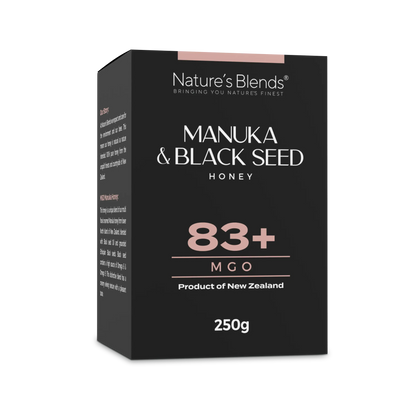 Nature's Blends Black Seed Manuka Honey 83+ MGO 250g box packaging – UK