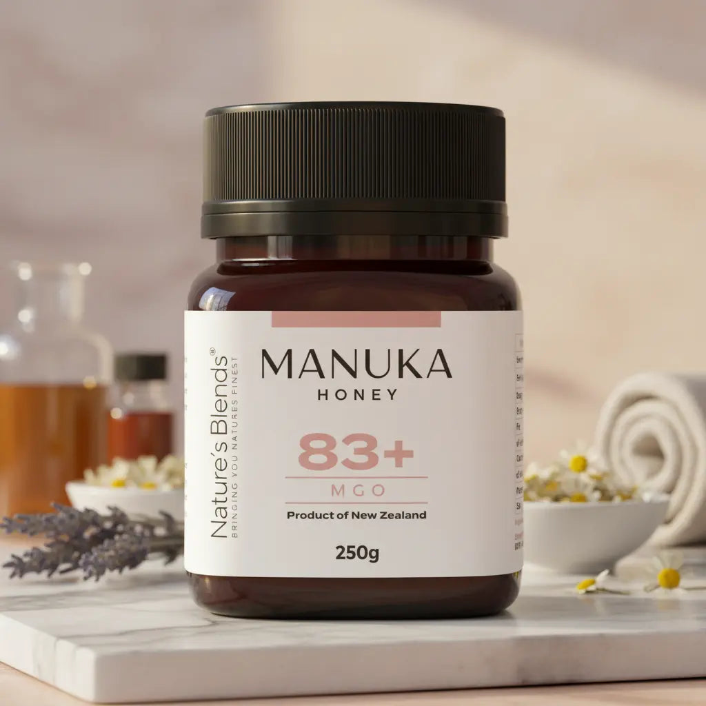 Nature's Blends Manuka Honey 83+ MGO 250g jar botanical flowers scene – UK