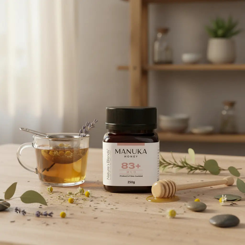 Nature's Blends Manuka Honey 83+ MGO 250g jar herbal tea kitchen scene – UK