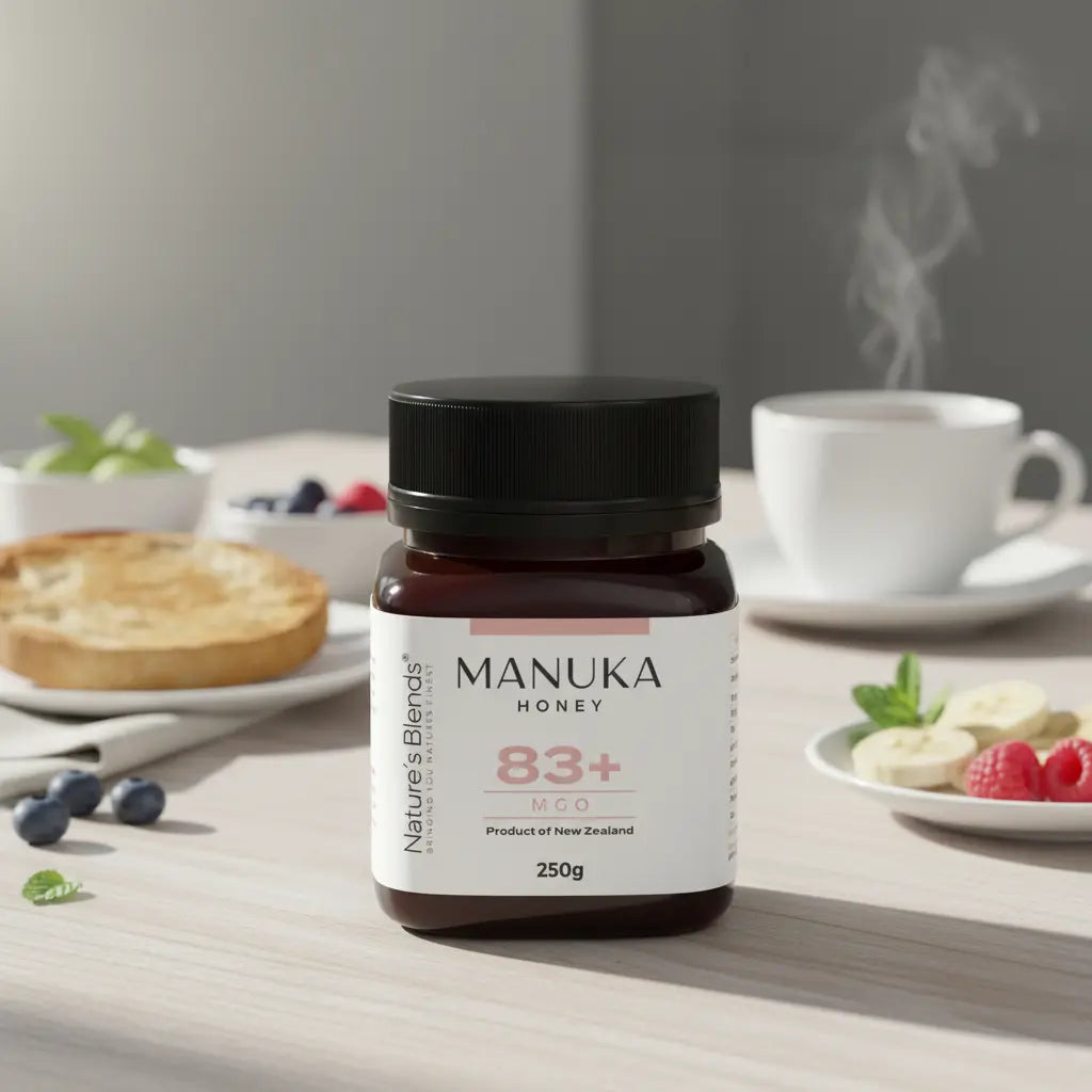 Nature's Blends Manuka Honey 83+ MGO 250g jar breakfast tea lifestyle – UK