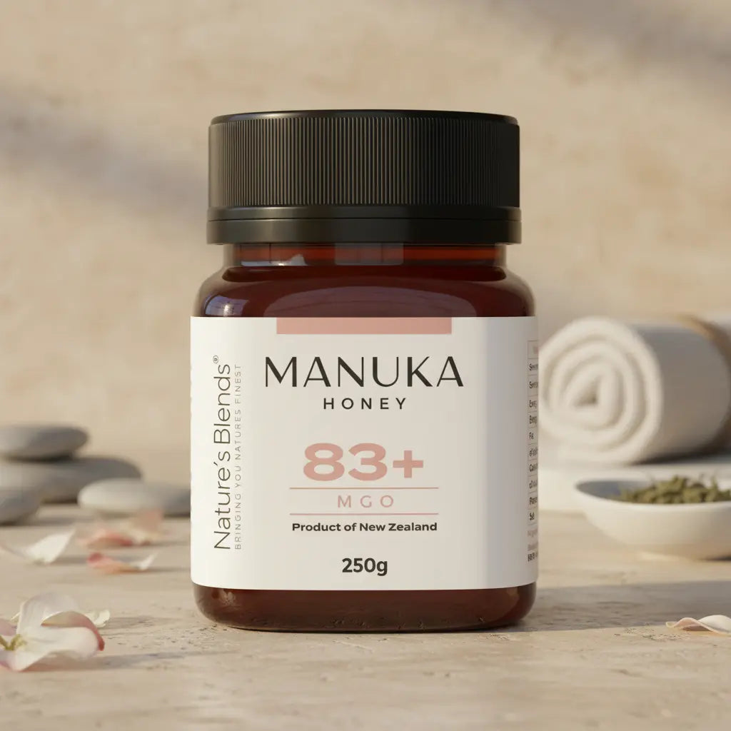 Nature's Blends Manuka Honey 83+ MGO 250g jar spa warm sandy backdrop – UK
