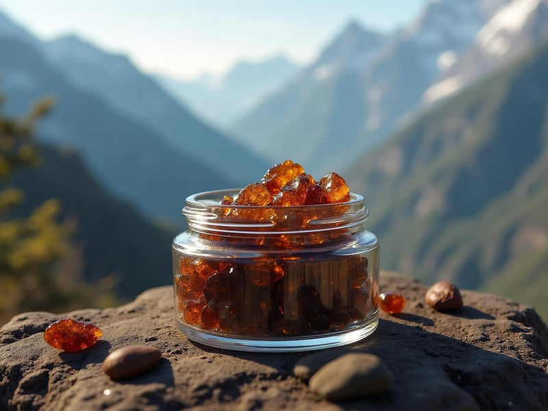 Jar of natural resin in mountain landscape