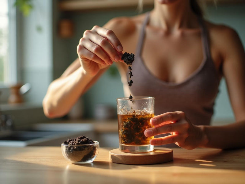 Woman preparing herbal tea in a glass cup